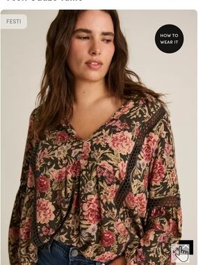 torrid Festi Brand Olive Floral V-Neck Blouse with Rose Blooms Sz 3